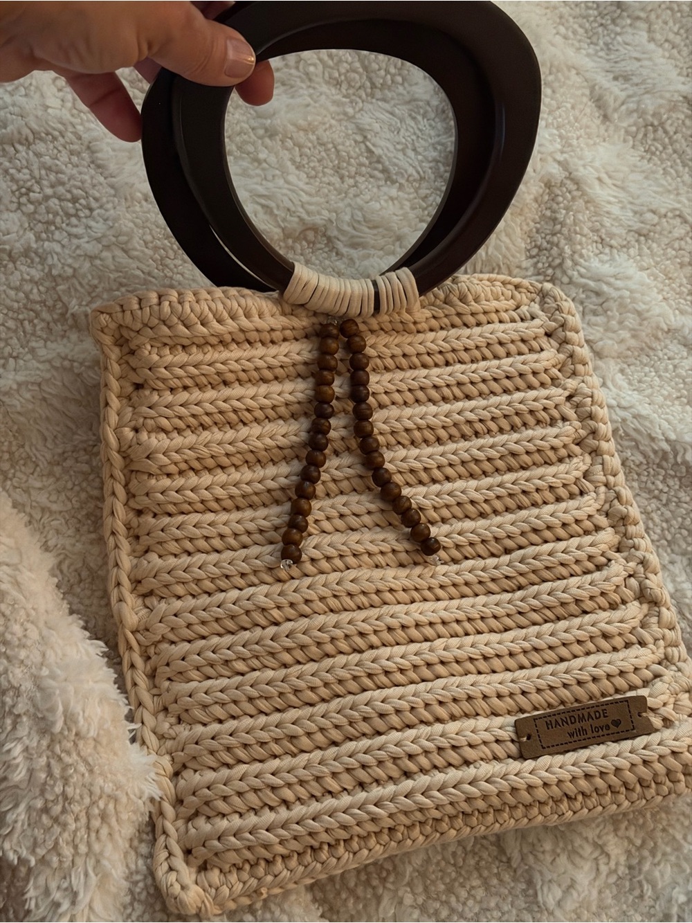 Handmade Cream Crochet Tote with Dark Wood Handles